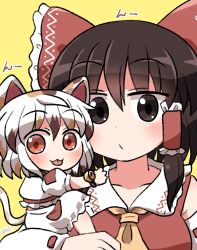 Rule 34 | 2girls, :3, animal ears, ascot, bare shoulders, bell, black eyes, black hair, blush, bow, cat ears, cat tail, collarbone, crop top, detached sleeves, goutokuji mike, hair between eyes, hair bow, hair tubes, hakurei reimu, highres, japanese clothes, jingle bell, multicolored hair, multiple girls, nontraditional miko, orange eyes, patch, red bow, ribbon-trimmed sleeves, ribbon trim, rokugou daisuke, short hair, short sleeves, shorts, sidelocks, signature, simple background, streaked hair, tail, tongue, tongue out, touhou, white hair, white shorts, white sleeves, yellow ascot, yellow background