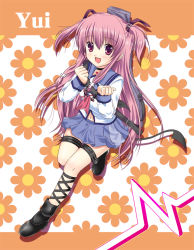 Rule 34 | 10s, 1girl, angel beats!, ankle lace-up, belt, choker, cross-laced footwear, demon tail, haruno (macoro), pink eyes, pink hair, school uniform, serafuku, short twintails, solo, tail, thigh strap, twintails, two side up, yui (angel beats!)