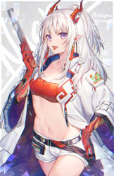 Rule 34 | 1girl, :d, arknights, bandeau, braid, commentary request, cowboy shot, coyucom, grey background, half updo, hand up, highres, holding, horns, jacket, long hair, long sleeves, looking at viewer, midriff, navel, nian (arknights), open mouth, partial commentary, pointy ears, purple eyes, short shorts, shorts, silver hair, smile, solo, standing, stomach, strapless, tongue, tube top, white jacket, white shorts, wide sleeves