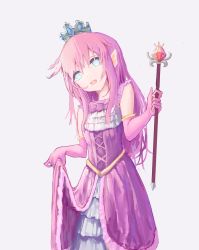 Rule 34 | 1girl, blue eyes, clothes lift, crown, dress, dress lift, elbow gloves, female focus, gloves, grey background, hia (xonn), highres, holding, holding staff, long hair, open mouth, pink dress, pink hair, pointy ears, princess (terraria), simple background, smile, solo, staff, terraria