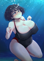 Rule 34 | 1girl, air bubble, black hair, black one-piece swimsuit, blue background, blush, breasts, bubble, clenched hands, closed mouth, collarbone, commentary request, commission, covered erect nipples, covered navel, foot out of frame, highres, holding breath, huge breasts, light rays, medium hair, one-piece swimsuit, original, pixiv commission, plump, rolling eyes, solo, swimsuit, tatehiza makura, thick thighs, thighs, underwater