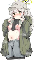 Rule 34 | 1girl, baseball cap, black scarf, blue archive, blush, breasts, closed mouth, clothes lift, commentary request, cropped legs, flashing, flying sweatdrops, green eyes, green jacket, grey hair, grey hat, grey shorts, hare (blue archive), hare (camp) (blue archive), hat, highres, jacket, lifted by self, long hair, long sleeves, machismo fuji, medium breasts, navel, nipples, nose blush, ponytail, scarf, shirt lift, short shorts, shorts, simple background, solo, sweat, white background