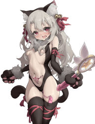 Rule 34 | 1girl, absurdres, animal ear fluff, animal ears, animal hands, bell, black thighhighs, cat ears, cat tail, dildo, fate/kaleid liner prisma illya, fate (series), gloves, hair bell, hair ornament, heart, heart-shaped pupils, highres, holding, holding sex toy, illyasviel von einzbern, juansiwei, long hair, navel, nipple piercing, nipple rings, open mouth, panties, paw gloves, piercing, pubic tattoo, pussy juice, ribbon, saliva, sex toy, simple background, solo, stomach, sweat, symbol-shaped pupils, tail, tattoo, thighhighs, underwear, vibrator, vibrator under clothes, vibrator under panties, white background