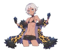 Rule 34 | 1girl, animal print, bare shoulders, belt, belt buckle, bikini, bikini top only, black bikini, black gloves, black shorts, blue eyes, blunt bangs, buckle, choker, clenched hands, closed mouth, coat, collarbone, contrapposto, cowboy shot, cropped legs, dark-skinned female, dark skin, eyelashes, fang, fang out, flat chest, fur collar, fur trim, gloves, jaguar print, legs apart, leopard print, looking at viewer, micro shorts, nora (supernew), open clothes, open coat, original, short hair, short shorts, shorts, silver hair, simple background, smile, solo, standing, supernew, swimsuit, tareme, tooth, white background