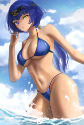 Rule 34 | 1girl, absurdres, alternate costume, bikini, black hairband, blue bikini, blue hair, blue sky, blush, breasts, candace (genshin impact), cloud, cowboy shot, dark-skinned female, dark skin, day, eye of horus, genshin impact, hairband, hand up, heterochromia, highres, large breasts, long hair, looking at viewer, nail polish, navel, outdoors, parted lips, purple eyes, sheng zhidou, sky, solo, standing, stomach, swimsuit, thighs, twintails, wading, water, wet, yellow eyes