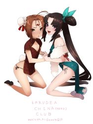 Rule 34 | 2girls, :d, ass, bad id, bad pixiv id, black hair, blue eyes, blush, brown eyes, brown hair, china dress, chinese clothes, covered erect nipples, double bun, dress, fate/grand order, fate (series), flat chest, holding hands, high heels, highres, kneeling, long hair, looking at viewer, multiple girls, nezha (fate), open mouth, shimomoto, side ponytail, smile, tail, ushiwakamaru (fate), very long hair