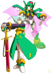 Rule 34 | 1boy, aeolus (mega man), aqua hair, capcom, closed mouth, dual wielding, expressionless, full body, green vest, headset, helmet, holding, holding sword, holding weapon, legs together, looking at viewer, male focus, mechanical wings, mega man (series), mega man zx, official art, outstretched arms, pants, sheath, sheathed, simple background, standing, sword, transparent wings, vest, weapon, white background, white pants, wings