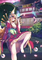 Rule 34 | 1girl, absurdres, animal ears, architecture, arm support, ball, bare shoulders, blonde hair, blue fire, braid, breasts, cleavage, east asian architecture, eyebrows, fingernails, fire, flower, fox ears, fox tail, grass, hair between eyes, hair ornament, hair ribbon, highres, index finger raised, japanese clothes, kimono, kyona (konakona), large breasts, long fingernails, long hair, multicolored eyes, night, night sky, obi, off shoulder, oil-paper umbrella, original, outdoors, pavement, petals, ribbon, sash, short kimono, sitting, sky, sliding doors, smile, solo, stairs, tail, thighs, umbrella, upskirt, very long hair, x hair ornament
