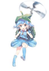 Rule 34 | 1girl, aircraft, backpack, bad id, bad twitter id, bag, blue eyes, blue footwear, blue hair, blush, boots, flying, full body, hair bobbles, hair ornament, hat, helicopter, highres, kawashiro nitori, key, looking at viewer, matching hair/eyes, open mouth, puffy sleeves, rubber boots, shirt, shnva, short hair, short sleeves, simple background, skirt, skirt set, solo, string, touhou, twintails, two side up, upskirt, urban legend in limbo, vest, white background