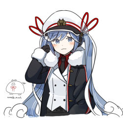 Rule 34 | 1girl, black gloves, black jacket, black necktie, blouse, blue eyes, blue hair, blush, closed mouth, collared shirt, commentary, fur-trimmed jacket, fur trim, gloves, hat, hatsune miku, highres, jacket, long hair, long sleeves, looking at viewer, military hat, necktie, peaked cap, red shirt, shirt, simple background, solo, twintails, upper body, vest, vocaloid, waistcoat, wandu mook, white background, white hat, white vest, yuki miku, yuki miku (2022)