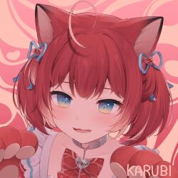 Rule 34 | 1girl, ahoge, akami karubi, amashiro natsuki, animal ears, animal hands, blue eyes, blue ribbon, bow, cat ears, collarbone, commentary, fangs, gloves, hair ornament, hair ribbon, heart, heart hair ornament, heart in eye, indie virtual youtuber, looking at viewer, multicolored hair, open mouth, paw gloves, pink hair, red bow, red gloves, red hair, ribbon, solo, streaked hair, symbol in eye, two side up, virtual youtuber
