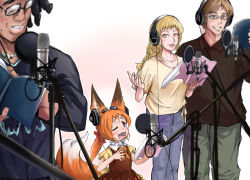 Rule 34 | 2boys, 2girls, :d, animal ears, blonde hair, book, bow, brown dress, brown eyes, brown hair, brown shirt, commentary request, doitsuken, dress, fox ears, fox tail, glasses, grey pants, grin, hair bow, headphones, holding, holding book, microphone, multiple boys, multiple girls, music, neck ribbon, one eye closed, open mouth, orange hair, orange ribbon, original, pants, ponytail, pop filter, red bow, red eyes, ribbon, shirt, short sleeves, singing, slit pupils, smile, standing, tail, yellow eyes, yellow shirt