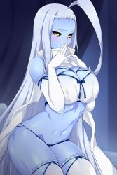 Rule 34 | 1girl, ahoge, bare shoulders, blue ribbon, blue skin, blush, breasts, breasts squeezed together, cleavage, colored skin, commentary, cowboy shot, dot nose, dullahan, elbow gloves, english commentary, forehead, gloves, hands up, highres, hip vent, huge ahoge, lala (monster musume), large breasts, lindaroze, long hair, monster musume no iru nichijou, navel, own hands together, revealing clothes, ribbon, solo, thighhighs, thighs, very long hair, white gloves, white thighhighs, yellow eyes