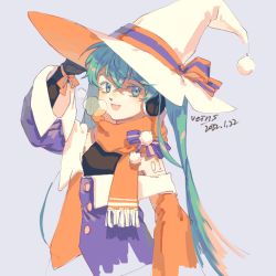 Rule 34 | 1girl, :d, aqua eyes, aqua hair, arm up, artist name, bare shoulders, bow, buttons, chinese commentary, commentary request, cropped torso, dated, eyelashes, hat, hat bow, hatsune miku, headphones, holding hands, long hair, looking at viewer, number tattoo, open mouth, orange bow, orange scarf, partial commentary, purple background, scarf, signature, simple background, sketch, smile, solo, striped, striped bow, tattoo, twintails, upper body, veins (jingmai shoujo), vocaloid, white hat, witch hat, wrist bow