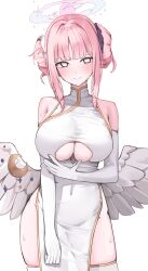 1girl absurdres bare_shoulders blue_archive blush breasts china_dress chinese_clothes clothing_cutout covered_navel double_bun doughnut_hair_bun dress elbow_gloves feathered_wings gloves hair_bun halo highres large_breasts looking_at_viewer mika_(blue_archive) nephthys2356 pelvic_curtain pink_hair sidelocks simple_background sleeveless sleeveless_dress solo sweatdrop thighhighs underboob white_background white_dress white_thighhighs white_wings wings