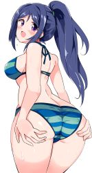 Rule 34 | 10s, 1girl, absurdres, ariaridoradora, ass, ass grab, bare shoulders, bikini, blue hair, blush, breasts, from behind, highres, long hair, looking at viewer, looking back, love live!, love live! school idol festival, love live! sunshine!!, matsuura kanan, open mouth, ponytail, purple eyes, sideboob, simple background, solo, striped bikini, striped clothes, swimsuit, white background