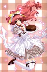 Rule 34 | 1girl, absurdres, bow, cake, dress, food, gloves, hair bow, highres, jumping, kimizuka aoi, long hair, magi-cu, pastry, plaid, plaid background, red eyes, red hair, solo, striped clothes, striped dress, thighhighs, tray, vertical-striped clothes, vertical-striped dress, waitress, wavy hair, white gloves, white thighhighs, yellow bow