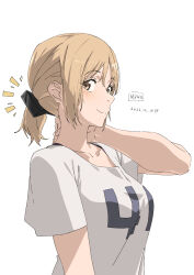 Rule 34 | 1girl, blonde hair, breasts, brown eyes, dated, girls&#039; frontline, hand on own neck, highres, looking at viewer, medium breasts, mp40 (girls&#039; frontline), ponytail, shirt, short hair, short ponytail, signature, simple background, smile, solo, triangle bullet