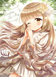 Rule 34 | 1girl, ;), absurdres, blunt bangs, blush, brown eyes, brown hair, closed mouth, commentary request, flower, hair flower, hair ornament, hands up, highres, idolmaster, idolmaster cinderella girls, japanese clothes, kimono, long hair, long sleeves, looking at viewer, obi, one eye closed, sash, smile, solo, steepled fingers, very long hair, white kimono, wide sleeves, yata (yatao zzz), yellow flower, yorita yoshino