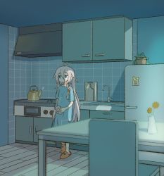 Rule 34 | 1girl, ahoge, blue dress, blue eyes, braid, cabinet, cevio, chair, commentary, cup, cup ramen, cutting board, dress, faucet, flower, holding, holding cup, husahusa3232, ia (vocaloid), indoors, kettle, kitchen, leaning back, long hair, pink hair, plant, potted plant, refrigerator, scenery, side braid, sink, slippers, solo, steam, stove, table, vase, very long hair, vocaloid, waiting, wide shot, wooden floor