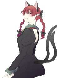 Rule 34 | animal ears, braid, cat ears, dress, hair ribbon, highres, kaenbyou rin, looking at viewer, looking back, multiple tails, nicutoka, pointy ears, red eyes, red hair, ribbon, smile, solo, tail, touhou, twin braids, two tails, white background