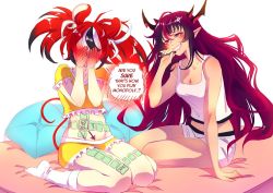 Rule 34 | 2girls, animal ears, arrow (symbol), black hair, blush, board game, breasts, casual, cherry in the sun, cleavage, collarbone, commentary, covering own eyes, demon horns, english commentary, english text, grin, hakos baelz, hands on own face, holding, holding pen, hololive, hololive english, horns, irys (hololive), kneeling, long hair, looking at another, midriff, monopoly, mouse ears, mouse girl, mouse tail, multicolored hair, multiple girls, pen, pillow, pointy ears, purple hair, red hair, sitting, smile, socks, streaked hair, tail, tank top, twintails, very long hair, virtual youtuber, white background, white hair, white legwear, white tank top, yuri
