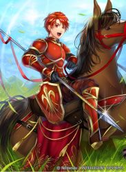 Rule 34 | alen (fire emblem), armor, armored boots, boots, copyright name, fire emblem, fire emblem: the binding blade, fire emblem cipher, gloves, horse, leaf, male focus, matsurika youko, nintendo, official art, open mouth, polearm, red eyes, red hair, solo, spear, teeth, weapon