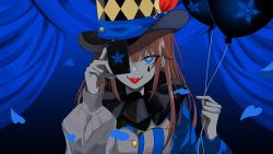 Rule 34 | 1girl, absurdres, asymmetrical sleeves, balloon, blue curtain, blue eyes, blue theme, brown hair, card, clown, colored skin, commentary request, confetti, curtains, envy baby (vocaloid), grey skin, hat, hat ornament, highres, holding, holding balloon, holding card, hololive, long hair, long sleeves, looking at viewer, mismatched sleeves, neck ruff, official art, puffy long sleeves, puffy sleeves, shirokumo 46, solo, stage, stage curtains, star (symbol), star hat ornament, teardrop facial mark, teeth, tokino sora, tongue, tongue out, top hat, virtual youtuber, vocaloid