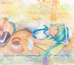 Rule 34 | 1girl, artist name, dress, drinking straw, flower, green eyes, green hair, hat, hatsune miku, long hair, lying, marker (medium), matching hair/eyes, mayo riyo, mosquito coil, pastel (medium), project diva (series), project diva f, solo, sunflower, thighhighs, traditional media, vocaloid