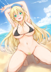 Rule 34 | 1girl, atago (kancolle), beach, beret, bikini, bikini top only, black bikini, blonde hair, blonde pubic hair, blue sky, blush, bottomless, breasts, day, female pubic hair, green eyes, hair between eyes, hat, highres, kantai collection, large breasts, long hair, looking at viewer, no panties, ocean, open mouth, outdoors, pubic hair, pussy juice, shu-ten, sitting, sky, smile, solo, swimsuit