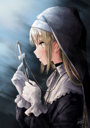 Rule 34 | 1girl, blonde hair, blush, cross, cross necklace, gloves, highres, jewelry, kazuharu kina, long hair, necklace, nijisanji, nun, sister claire, sister claire (1st costume), smile, solo, traditional nun, virtual youtuber, white gloves, yellow eyes