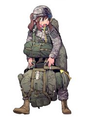Rule 34 | 1girl, 82 airborne, backpack, bag, boots, brown footwear, camouflage, camouflage headwear, camouflage jacket, camouflage pants, carrying, combat boots, cross-laced footwear, full body, grey hat, grey jacket, grey pants, hat, helmet, jacket, lace-up boots, long hair, military, military uniform, monamin, open mouth, original, pants, parachute, paratrooper, simple background, solo, standing, sweat, tactical clothes, uniform, united states army, white background