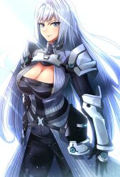 Rule 34 | 1girl, armor, blue eyes, breast tattoo, breasts, cleavage, cleavage cutout, closed mouth, clothing cutout, ethel (xenoblade), gloves, grey hair, highres, large breasts, long hair, looking at viewer, shoulder armor, simple background, smile, solo, tattoo, to (tototo tk), very long hair, xenoblade chronicles (series), xenoblade chronicles 3