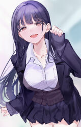 Rule 34 | 1girl, :d, absurdres, black hair, blazer, boku no kokoro no yabai yatsu, breasts, brown eyes, cardigan, commentary, english commentary, highres, jacket, long hair, looking at viewer, mile (off8mile), open mouth, pleated skirt, school uniform, skirt, sleeves past wrists, smile, solo, teeth, yamada anna