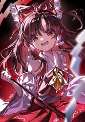 Rule 34 | 1girl, ahoge, ascot, bare shoulders, bow, brown hair, detached sleeves, gohei, hair bow, hair tubes, hakurei reimu, highres, holding, holding gohei, japanese clothes, long hair, nontraditional miko, open mouth, paw print, red bow, red eyes, red skirt, ribbon-trimmed sleeves, ribbon trim, ringo no usagi (artist), sidelocks, signature, skirt, smile, solo, touhou, unfinished dream of all living ghost, white sleeves, wide sleeves, yellow ascot