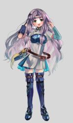 Rule 34 | 1girl, absurdres, armor, belt, blush, boots, breastplate, chil0107, circlet, dress, elbow gloves, fire emblem, fire emblem: the blazing blade, florina (fire emblem), full body, gloves, green eyes, hand in own hair, highres, long hair, looking at viewer, nintendo, open mouth, parted bangs, pauldrons, purple hair, shoulder armor, smile, solo, teeth, thigh boots, thighhighs, upper teeth only, very long hair, white dress, zettai ryouiki