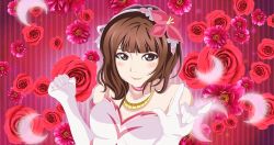 Rule 34 | 10s, 1girl, blush, bokutachi wa hitotsu no hikari, brown eyes, brown hair, choker, clenched hand, crescent, elbow gloves, floral background, flower, gloves, hair flower, hair ornament, hairband, jewelry, looking at viewer, love live!, love live! school idol project, m/, necklace, nishikino maki, otsuki (aquatictai cqb), pile (voice actor), red flower, red rose, rose, smile, solo, striped, striped background, upper body, vertical stripes, voice actor, white gloves