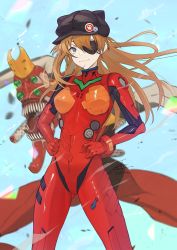 Rule 34 | 1girl, animal hat, black hat, blue eyes, breasts, brown hair, cat hat, commentary request, eva 02, evangelion: 3.0 you can (not) redo, eyepatch, fadingz, hair between eyes, hands on own hips, hat, highres, long hair, looking at viewer, mecha, medium breasts, neon genesis evangelion, pixiv id, plugsuit, rebuild of evangelion, revision, robot, signature, solo, souryuu asuka langley, standing