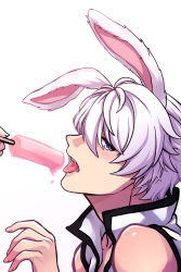 Rule 34 | 1boy, :o, absurdres, animal ears, food, hair between eyes, highres, holding, holding food, honkai (series), honkai impact 3rd, kaixuan lushang, kevin kaslana, looking at viewer, looking to the side, open mouth, popsicle, rabbit ears, saliva, shirt, short hair, simple background, sleeveless, sleeveless shirt, solo, teeth, tongue, tongue out, white background, white shirt