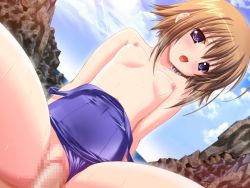 Rule 34 | 1girl, atelier kaguya, blue eyes, blush, breasts, brown hair, censored, choco chip, clothes pull, clothing aside, day, flat chest, game cg, miyamae keita, mosaic censoring, nipples, one-piece swimsuit, one-piece swimsuit pull, open mouth, penis, pussy, sakura komomo, school project, school swimsuit, sex, short hair, solo focus, spread legs, swimsuit, swimsuit aside, vaginal, wet