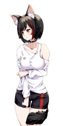 Rule 34 | 1girl, 8477tomoe, animal ear fluff, animal ears, arms under breasts, black choker, black hair, black shorts, choker, highres, hololive, long sleeves, looking at viewer, looking to the side, multicolored hair, ookami mio, ookami mio (casual), shirt, short hair, shorts, streaked hair, tail, virtual youtuber, white shirt, wolf ears, wolf girl, wolf tail, yellow eyes