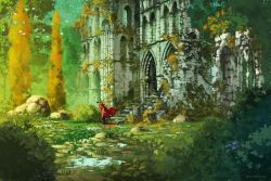 Rule 34 | 1other, absurdres, anato finnstark, artist name, cape, crown, day, forest, from side, grass, highres, moss, nature, original, outdoors, red cape, rock, ruins, scenery, sword, tree, weapon