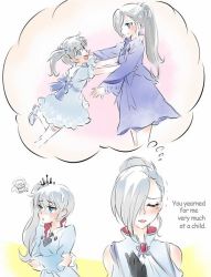 Rule 34 | 2girls, blue eyes, dreaming, english text, engrish text, iesupa, multiple girls, ranguage, rwby, siblings, sisters, weiss schnee, white hair, winter schnee, aged down