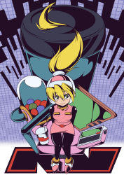 Rule 34 | 1girl, arms behind back, blonde hair, bodystocking, breasts, capcom, ciel (mega man), computer, female focus, from above, full body, green eyes, hair between eyes, headgear, high heels, high ponytail, keyboard (computer), knees together feet apart, long hair, medium breasts, mega man (series), mega man zero (series), miniskirt, monitor, pantyhose, pink skirt, ponytail, semikichi, shoes, sitting, skirt, solo