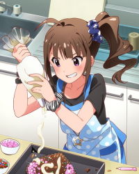 Rule 34 | &gt;:d, 10s, :d, ahoge, apron, baking, blush, brown hair, grin, hair ribbon, idolmaster, idolmaster million live!, jewelry, necklace, official art, open mouth, pastry bag, ponytail, purple eyes, ribbon, side ponytail, smile, solo, v-shaped eyebrows, yokoyama nao