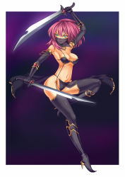 Rule 34 | 1990s (style), 1girl, bikini, boots, breasts, cleavage, elbow gloves, evil, female focus, final fantasy, final fantasy v, full body, gloves, gradient background, green eyes, high heels, kuroitsuki, lenna charlotte tycoon, mystic knight, pink hair, retro artstyle, shoes, short hair, solo, swimsuit, sword, thighhighs, weapon