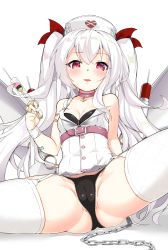 Rule 34 | 1girl, absurdres, azur lane, bandaid, bandaid on arm, bare shoulders, bikini, bikini top only, black bikini, black panties, blush, breasts, cameltoe, chain, choker, cleavage, collarbone, commentary request, cowboy shot, dress, garter straps, grey wings, groin, hair between eyes, hair ribbon, hat, heart, highres, holding, holding syringe, lace, lace-trimmed panties, lace trim, long hair, looking at viewer, lsizessize, metal wings, nurse cap, panties, parted lips, partially visible vulva, pink choker, red eyes, red ribbon, ribbon, silver hair, sleeveless, sleeveless dress, small breasts, smile, solo, spread legs, swimsuit, syringe, thighhighs, twintails, underwear, upper body, vampire (azur lane), vampire (little devil in white) (azur lane), very long hair, white background, white dress, white hat, white thighhighs, wings