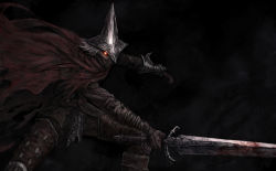 Rule 34 | 1other, abyss watcher, armor, attack, azure meraki, black background, boots, brown footwear, brown gloves, cape, chainmail, dark souls (series), dark souls iii, floating cape, gloves, helmet, highres, holding, holding sword, holding weapon, red cape, slashing, solo, sword, thigh boots, weapon