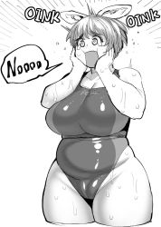 Rule 34 | 1girl, animal ears, bare shoulders, belly, breasts, cameltoe, cleavage, competition swimsuit, elf-san wa yaserarenai., greyscale, hands on own face, highres, huge breasts, monochrome, oku (elf-san wa yaserarenai.), one-piece swimsuit, pig ears, plump, short hair, simple background, solo, surprised, swimsuit, synecdoche, thick arms, thick thighs, thighs, white background