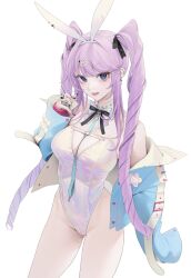 Rule 34 | 1girl, animal ears, blue eyes, cameltoe, character request, copyright request, drill hair, ear piercing, highres, jacket, leotard, looking at viewer, off shoulder, ohisashiburi, open clothes, open jacket, piercing, purple hair, rabbit ears, scar, simple background, solo, tongue, tongue out, twin drills, twintails, white background